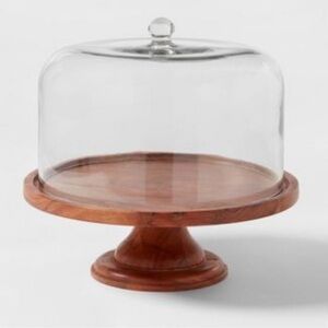 Threshold Round Glass & Wood Dessert Stand Cupcake Display w/ Glass Dome Lid NEW